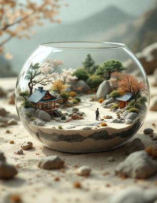 The primary subject of the image is a glass bowl filled with sand, which features a miniature landscape. The setting is a rocky hillside with a small house, a man, and a dog. The visual style is a combination of digital art and illustration, creating a unique and intricate scene. The colors and mood of the image are predominantly earthy tones, giving it a natural and serene atmosphere.